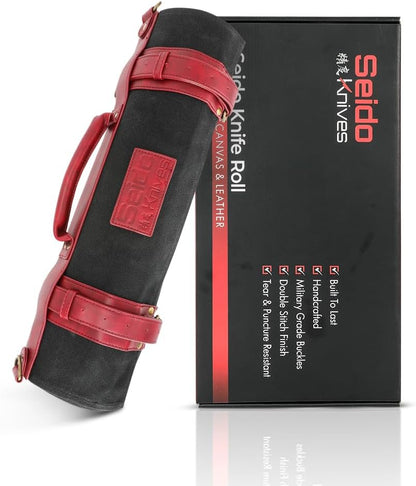 Professional Knife Roll Bag - Heavy Duty Canvas & Leather, Holds 18 Knives and Culinary Tools Including 12 Large Knives, with 4 Slots for Utensils and 2 Large Meat Cleavers