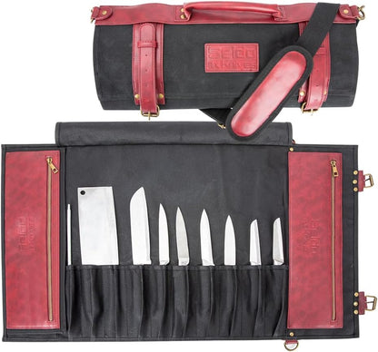 Professional Knife Roll Bag - Heavy Duty Canvas & Leather, Holds 18 Knives and Culinary Tools Including 12 Large Knives, with 4 Slots for Utensils and 2 Large Meat Cleavers