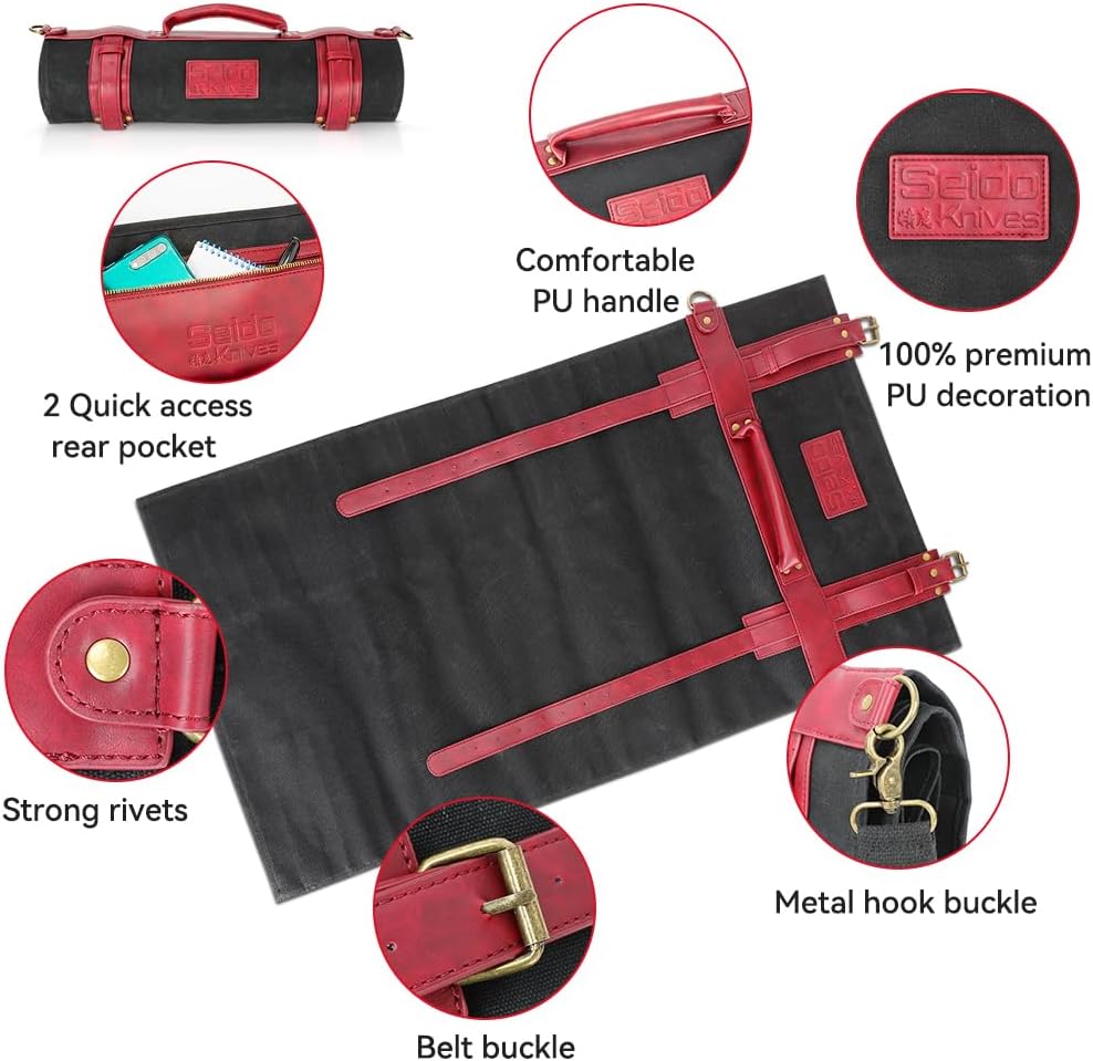 Professional Knife Roll Bag - Heavy Duty Canvas & Leather, Holds 18 Knives and Culinary Tools Including 12 Large Knives, with 4 Slots for Utensils and 2 Large Meat Cleavers
