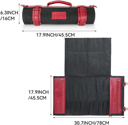 Professional Knife Roll Bag - Heavy Duty Canvas & Leather, Holds 18 Knives and Culinary Tools Including 12 Large Knives, with 4 Slots for Utensils and 2 Large Meat Cleavers