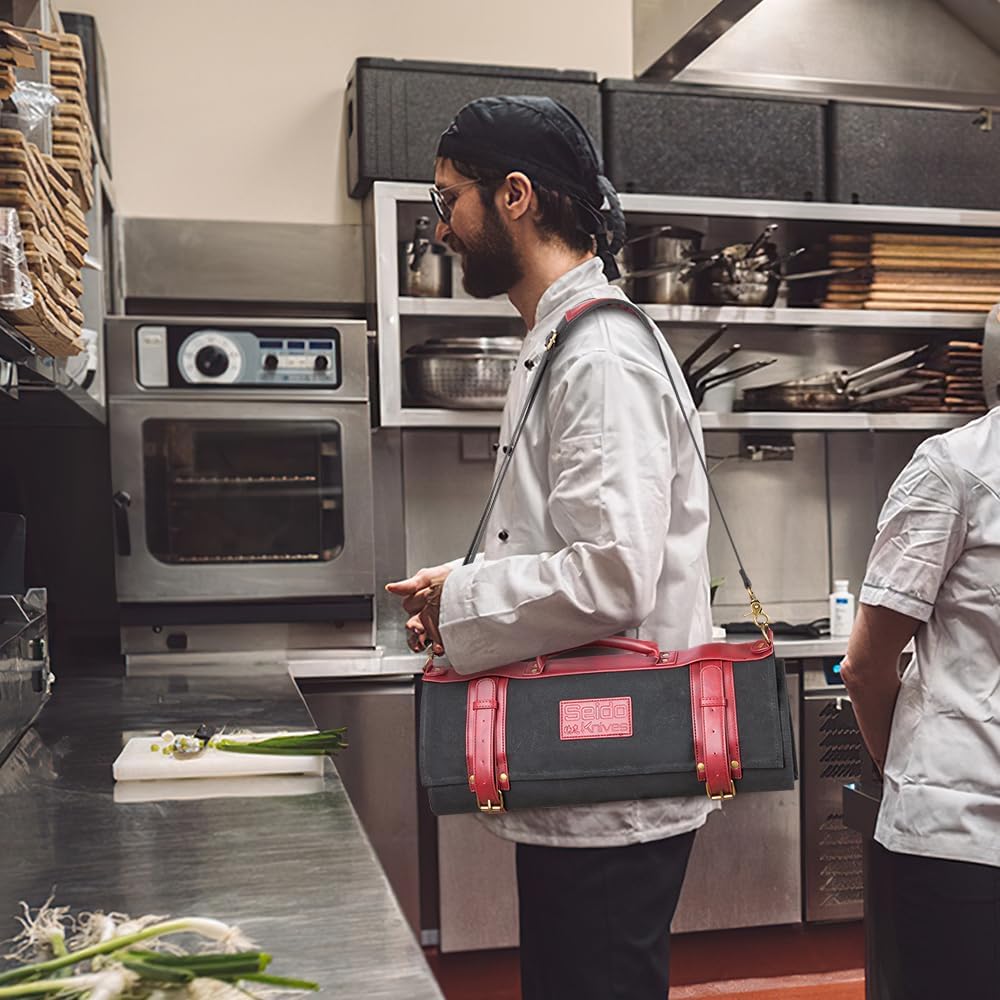 Professional Knife Roll Bag - Heavy Duty Canvas & Leather, Holds 18 Knives and Culinary Tools Including 12 Large Knives, with 4 Slots for Utensils and 2 Large Meat Cleavers