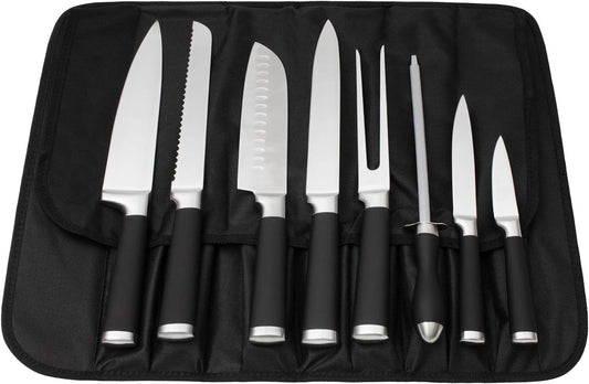 9-Piece Kitchen Knife Set in Carry Case - Ultra Sharp Chef Knives with Ergonomic Handles - Professional Japanese Chef's Knife Set with Paring, Carving, Bread, Santoku, Utility Knives, Fork, Sharpener