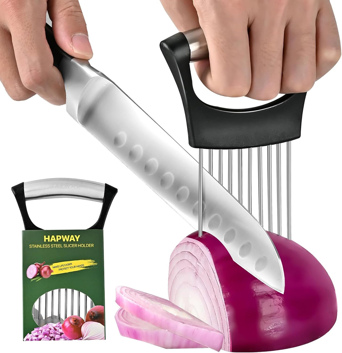 【2 PCS】Onion Slicer, Onion Holder for Slicing - Stainless Steel Vegetable & Fruit Cutter for Onions, Tomatoes, Potato, Avocado, Lemon, Eggs, Meat | Kitchen Chopper Gadget with Neat Guide & Tenderizer