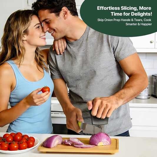 【2 PCS】Onion Slicer, Onion Holder for Slicing - Stainless Steel Vegetable & Fruit Cutter for Onions, Tomatoes, Potato, Avocado, Lemon, Eggs, Meat | Kitchen Chopper Gadget with Neat Guide & Tenderizer