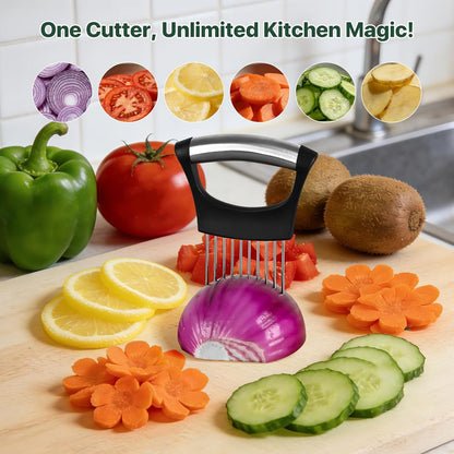 【2 PCS】Onion Slicer, Onion Holder for Slicing - Stainless Steel Vegetable & Fruit Cutter for Onions, Tomatoes, Potato, Avocado, Lemon, Eggs, Meat | Kitchen Chopper Gadget with Neat Guide & Tenderizer