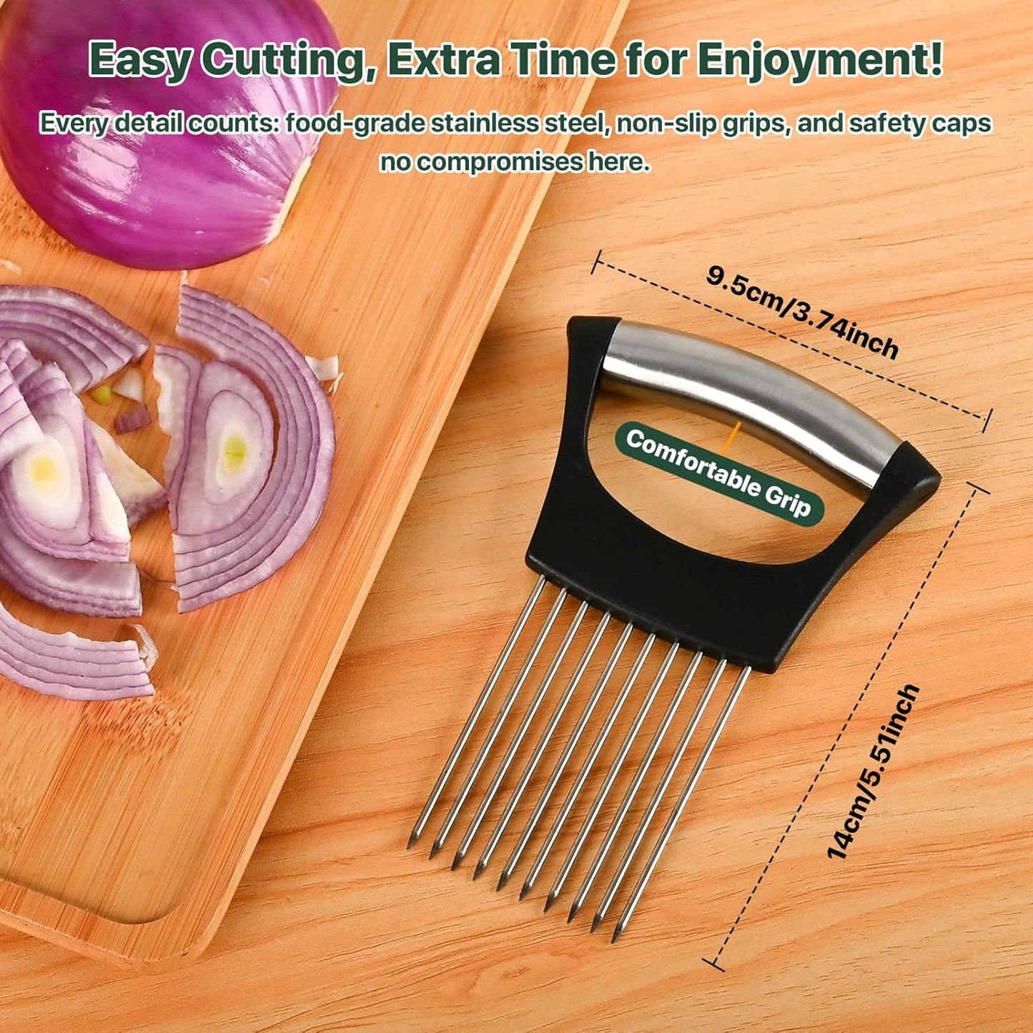 【2 PCS】Onion Slicer, Onion Holder for Slicing - Stainless Steel Vegetable & Fruit Cutter for Onions, Tomatoes, Potato, Avocado, Lemon, Eggs, Meat | Kitchen Chopper Gadget with Neat Guide & Tenderizer