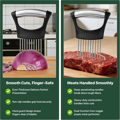 【2 PCS】Onion Slicer, Onion Holder for Slicing - Stainless Steel Vegetable & Fruit Cutter for Onions, Tomatoes, Potato, Avocado, Lemon, Eggs, Meat | Kitchen Chopper Gadget with Neat Guide & Tenderizer