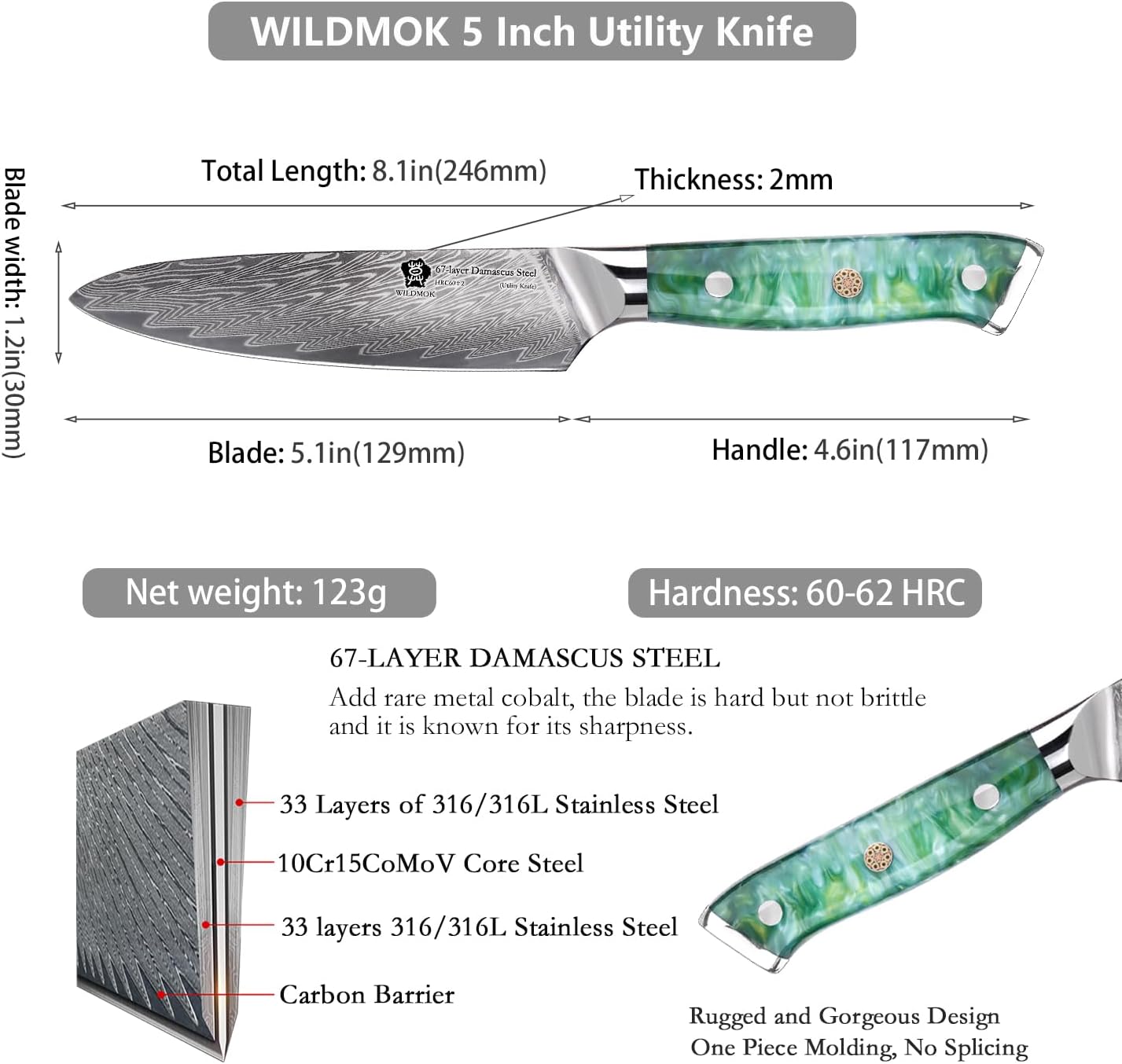 Japanese Damascus Steel Utility Knife, Multipurpose Super Sharp, Slicing, Mincing, Chopping, Peeling, Dicing