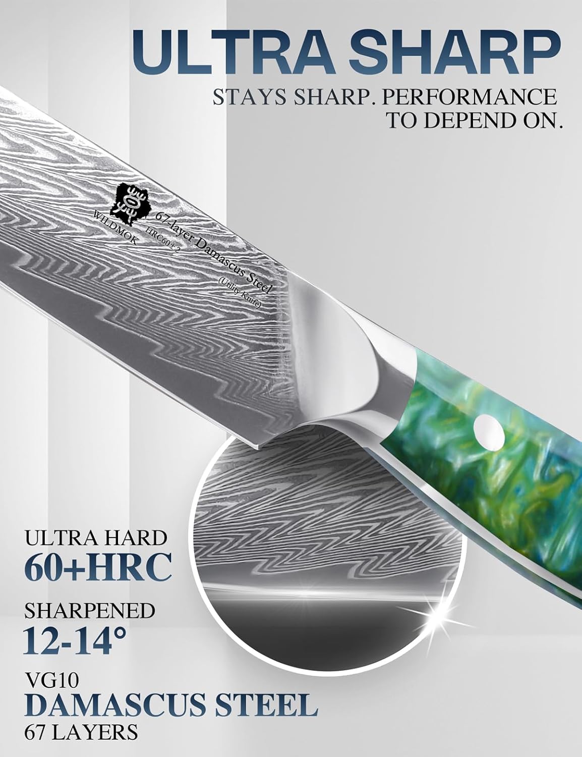 Japanese Damascus Steel Utility Knife, Multipurpose Super Sharp, Slicing, Mincing, Chopping, Peeling, Dicing