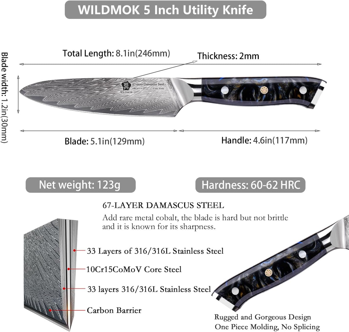 Japanese Damascus Steel Utility Knife, Multipurpose Super Sharp, Slicing, Mincing, Chopping, Peeling, Dicing