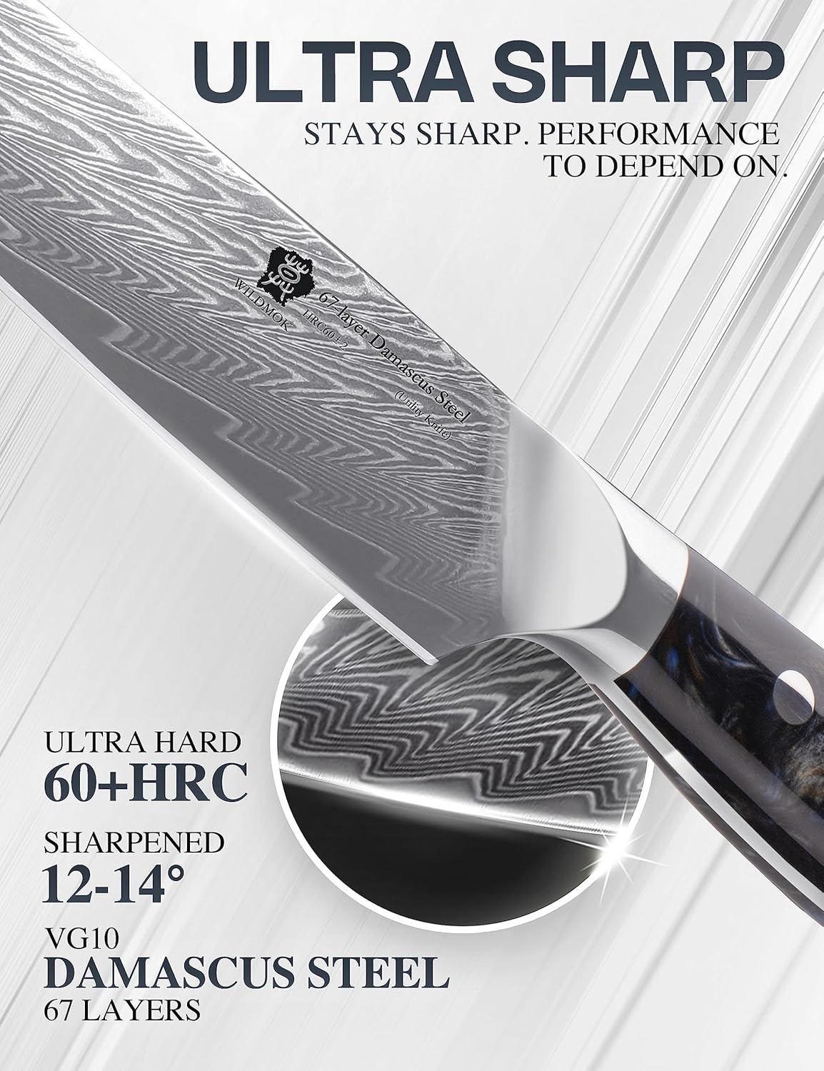 Japanese Damascus Steel Utility Knife, Multipurpose Super Sharp, Slicing, Mincing, Chopping, Peeling, Dicing