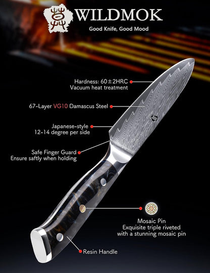 Japanese Damascus Steel Utility Knife, Multipurpose Super Sharp, Slicing, Mincing, Chopping, Peeling, Dicing