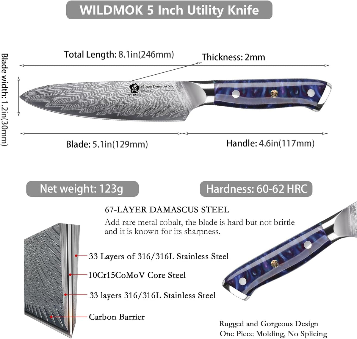 Japanese Damascus Steel Utility Knife, Multipurpose Super Sharp, Slicing, Mincing, Chopping, Peeling, Dicing