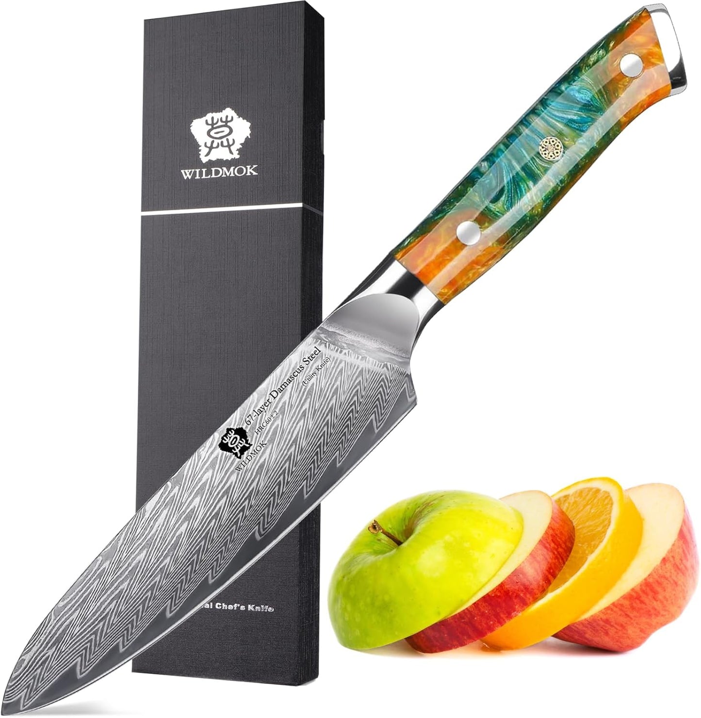 Japanese Damascus Steel Utility Knife, Multipurpose Super Sharp, Slicing, Mincing, Chopping, Peeling, Dicing