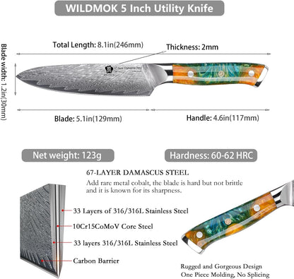 Japanese Damascus Steel Utility Knife, Multipurpose Super Sharp, Slicing, Mincing, Chopping, Peeling, Dicing