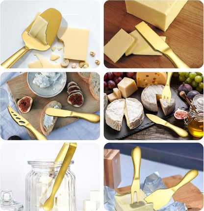 Premium Stainless Steel Gold Cheese Tool Set - 12 Piece Cheese Knife & Cheese Markers Gifts Set - Cut, Butter Spreader Slicer Mini Serving Tongs,Birthday Wedding Christmas All Your Favorite Cheeses