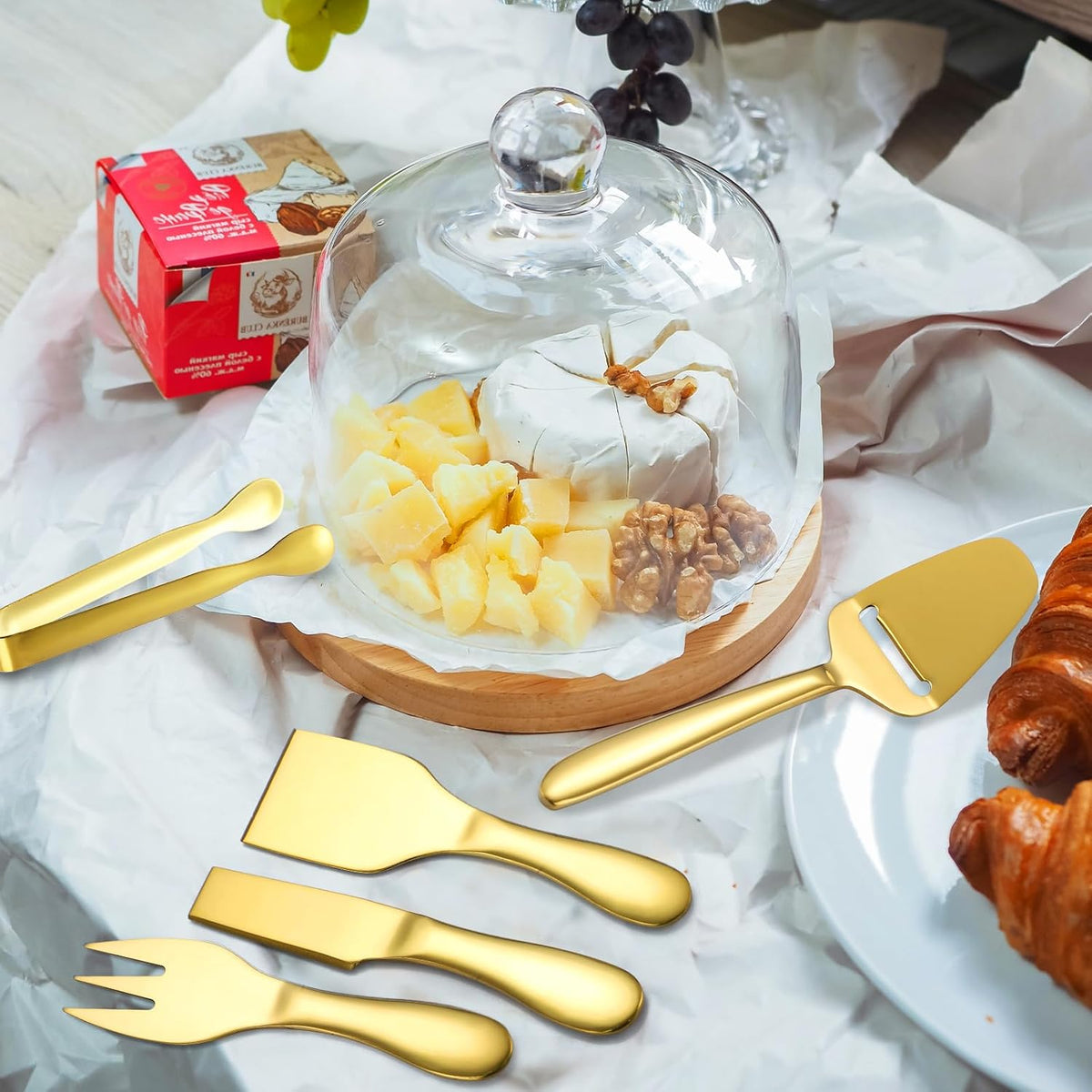 Premium Stainless Steel Gold Cheese Tool Set - 12 Piece Cheese Knife & Cheese Markers Gifts Set - Cut, Butter Spreader Slicer Mini Serving Tongs,Birthday Wedding Christmas All Your Favorite Cheeses