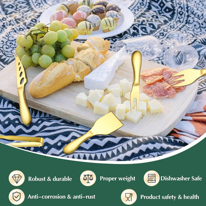 Premium Stainless Steel Gold Cheese Tool Set - 12 Piece Cheese Knife & Cheese Markers Gifts Set - Cut, Butter Spreader Slicer Mini Serving Tongs,Birthday Wedding Christmas All Your Favorite Cheeses