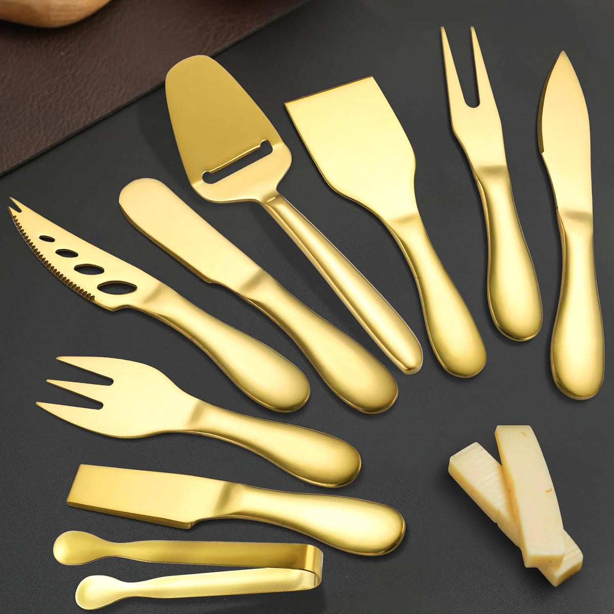 Premium Stainless Steel Gold Cheese Tool Set - 12 Piece Cheese Knife & Cheese Markers Gifts Set - Cut, Butter Spreader Slicer Mini Serving Tongs,Birthday Wedding Christmas All Your Favorite Cheeses