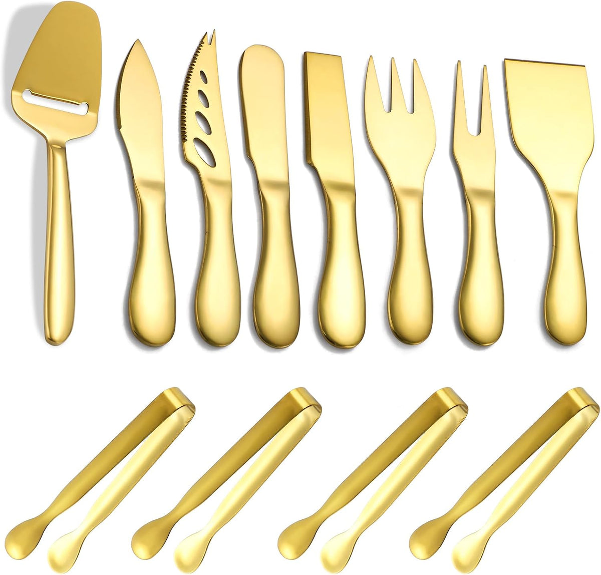 Premium Stainless Steel Gold Cheese Tool Set - 12 Piece Cheese Knife & Cheese Markers Gifts Set - Cut, Butter Spreader Slicer Mini Serving Tongs,Birthday Wedding Christmas All Your Favorite Cheeses
