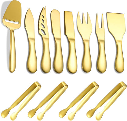 Premium Stainless Steel Gold Cheese Tool Set - 12 Piece Cheese Knife & Cheese Markers Gifts Set - Cut, Butter Spreader Slicer Mini Serving Tongs,Birthday Wedding Christmas All Your Favorite Cheeses