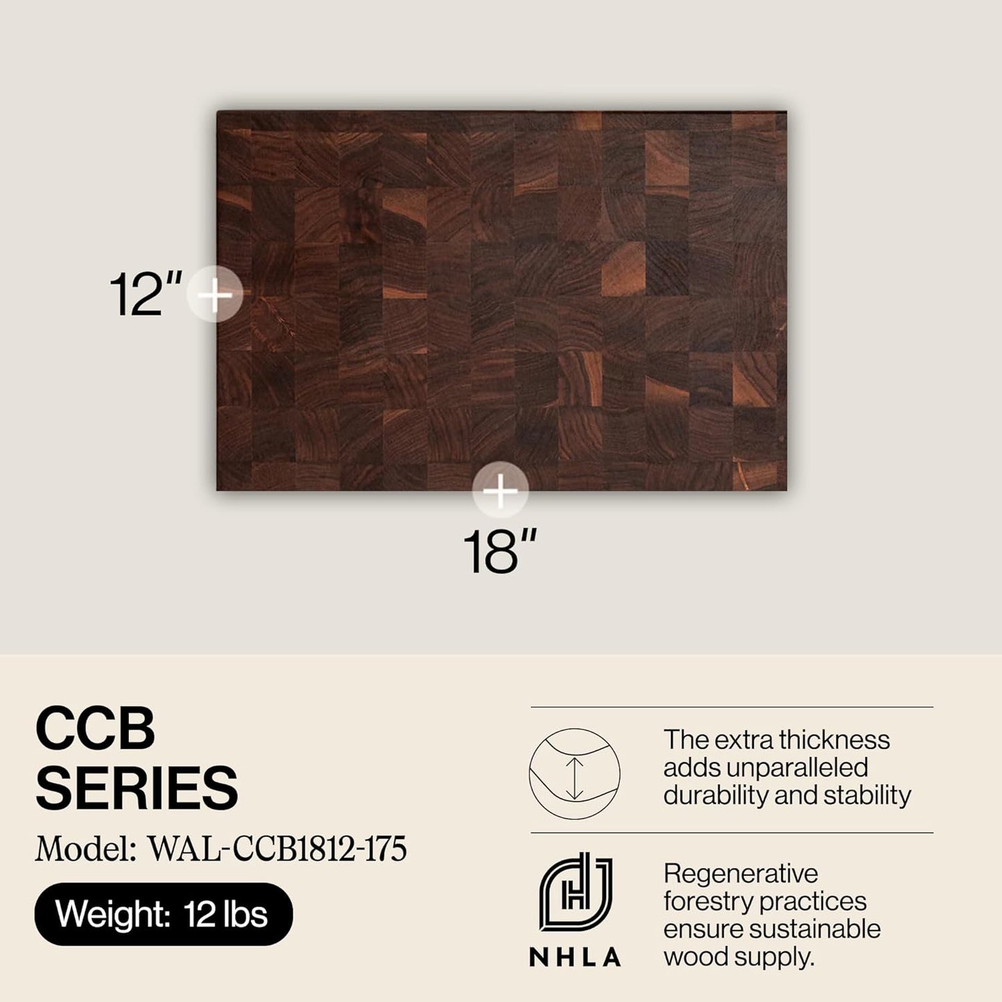 CCB Series Rectangular Wooden Walnut Cutting Board 18”x12” – 1.75” Thick, 12-lb Reversible Butcher Block with End-Grain & Finger Grips – Made in the USA