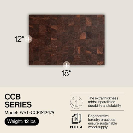 CCB Series Rectangular Wooden Walnut Cutting Board 18”x12” – 1.75” Thick, 12-lb Reversible Butcher Block with End-Grain & Finger Grips – Made in the USA