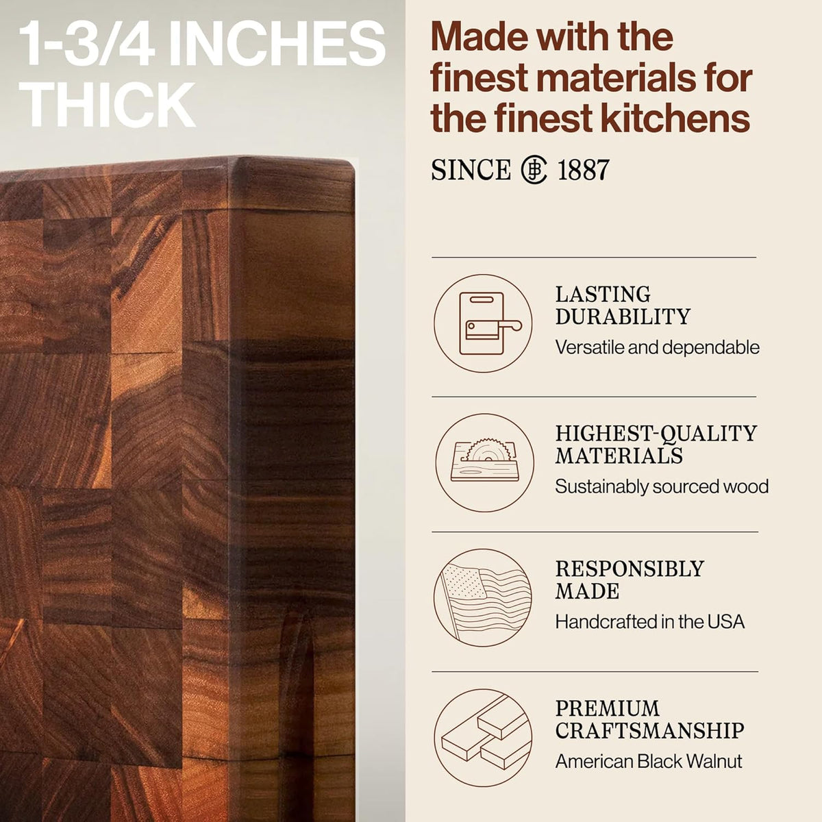 CCB Series Rectangular Wooden Walnut Cutting Board 18”x12” – 1.75” Thick, 12-lb Reversible Butcher Block with End-Grain & Finger Grips – Made in the USA