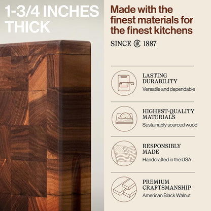CCB Series Rectangular Wooden Walnut Cutting Board 18”x12” – 1.75” Thick, 12-lb Reversible Butcher Block with End-Grain & Finger Grips – Made in the USA