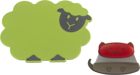 Kinderkitchen Kids Cutting Set, 2 Pieces, Green/Black/Red | Sheep Cutting Board & Cat Mezzaluna Knife With Blade Protector | Child-Friendly Cutting Tools for Real Cooking