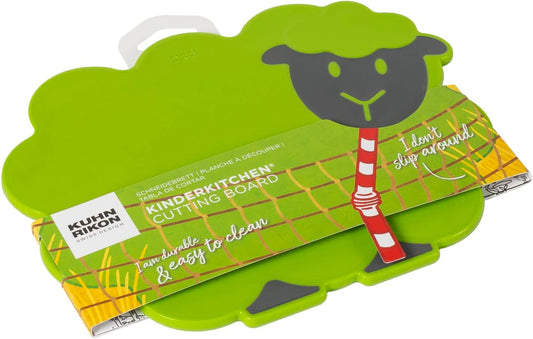 Kinderkitchen Kids Cutting Set, 2 Pieces, Green/Black/Red | Sheep Cutting Board & Cat Mezzaluna Knife With Blade Protector | Child-Friendly Cutting Tools for Real Cooking