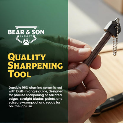 Tri-Seps Diamond Serration Edge & Point Sharpener, 4.38" Handheld Sharpening Rod with Angle Guide, For Serrated and Plain Edge Knives, Scissors, and Pointed Tools, Portable Pocket Design