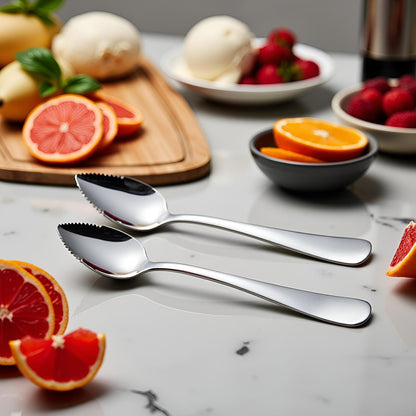 2Pcs Grapefruit Spoon Stainless Steel Fruit Spoon, Dessert Spoons, Serrated Edge Ice Cream Scrape Cut Spoons For Fruit Dessert Cheese Vegetables Kitchen Tool with Non-stick Plating