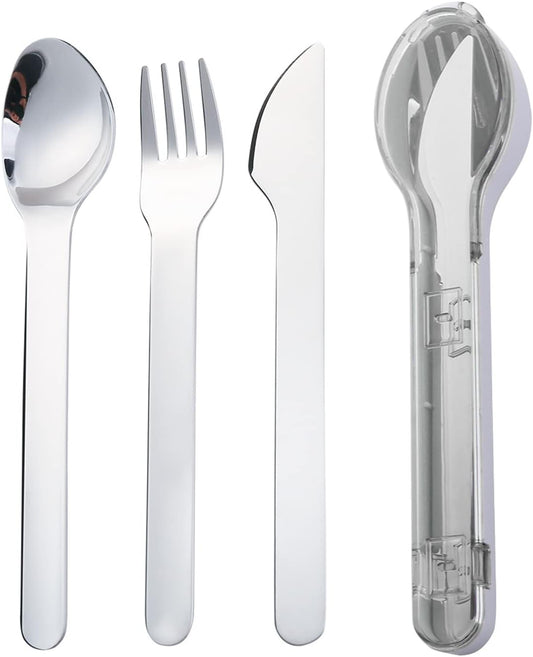 3-Piece Portable Flatware Set Pocket Utensils Set 18/8 Stainless Steel Fork Spoon Knife Set with Case for Lunch Travel Camping School Work Picnics (Grey)
