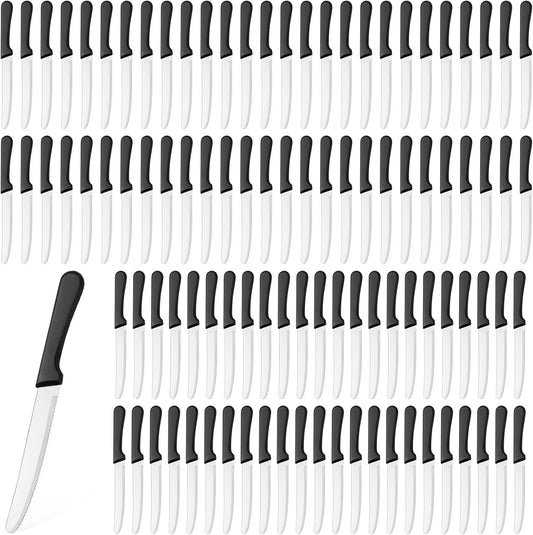 100 Pcs Steak Knives 8.39 Inches Rounded Serrated Steak Blade Knife Stainless Steel Round Tip Knife with Plastic Handle for Kitchen Butter Restaurant (Black)