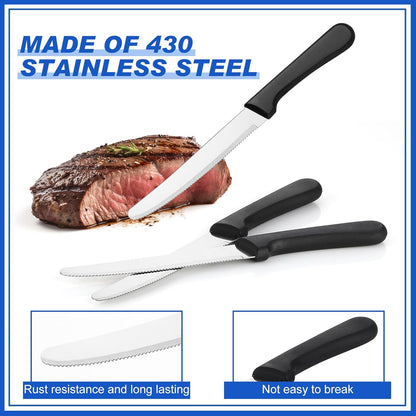100 Pcs Steak Knives 8.39 Inches Rounded Serrated Steak Blade Knife Stainless Steel Round Tip Knife with Plastic Handle for Kitchen Butter Restaurant (Black)