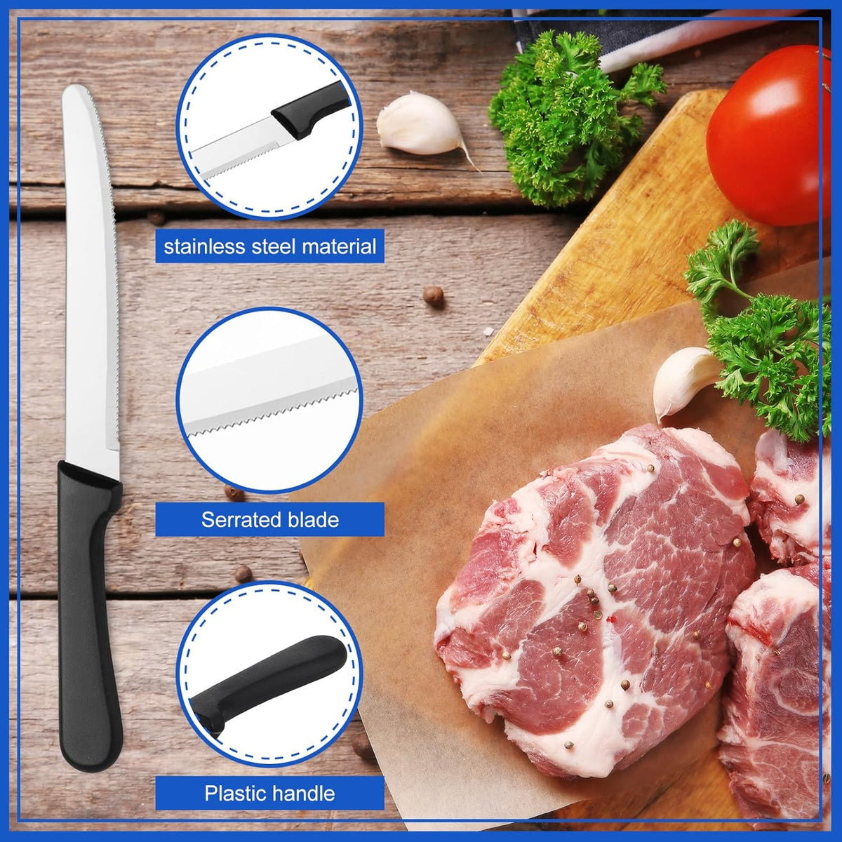 100 Pcs Steak Knives 8.39 Inches Rounded Serrated Steak Blade Knife Stainless Steel Round Tip Knife with Plastic Handle for Kitchen Butter Restaurant (Black)