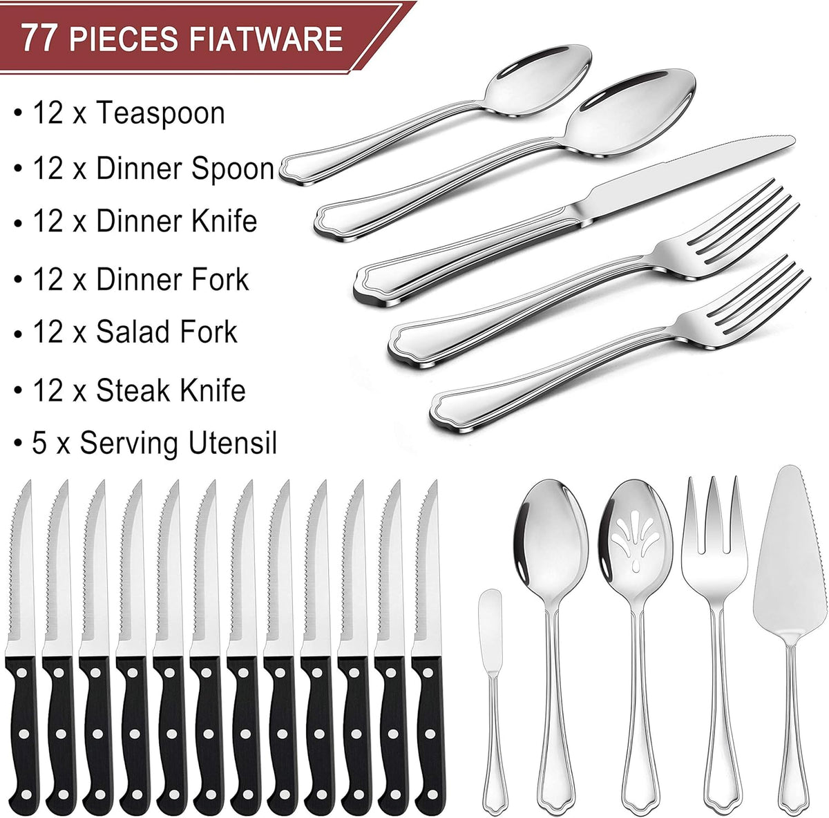 77-Piece Silverware Flatware Set for 12, Plus Steak Knives and Serving Utensils, Stainless Steel Flatware Cutlery Set, Eating Utensils Tableware with Scalloped Edge, Dishwasher Safe