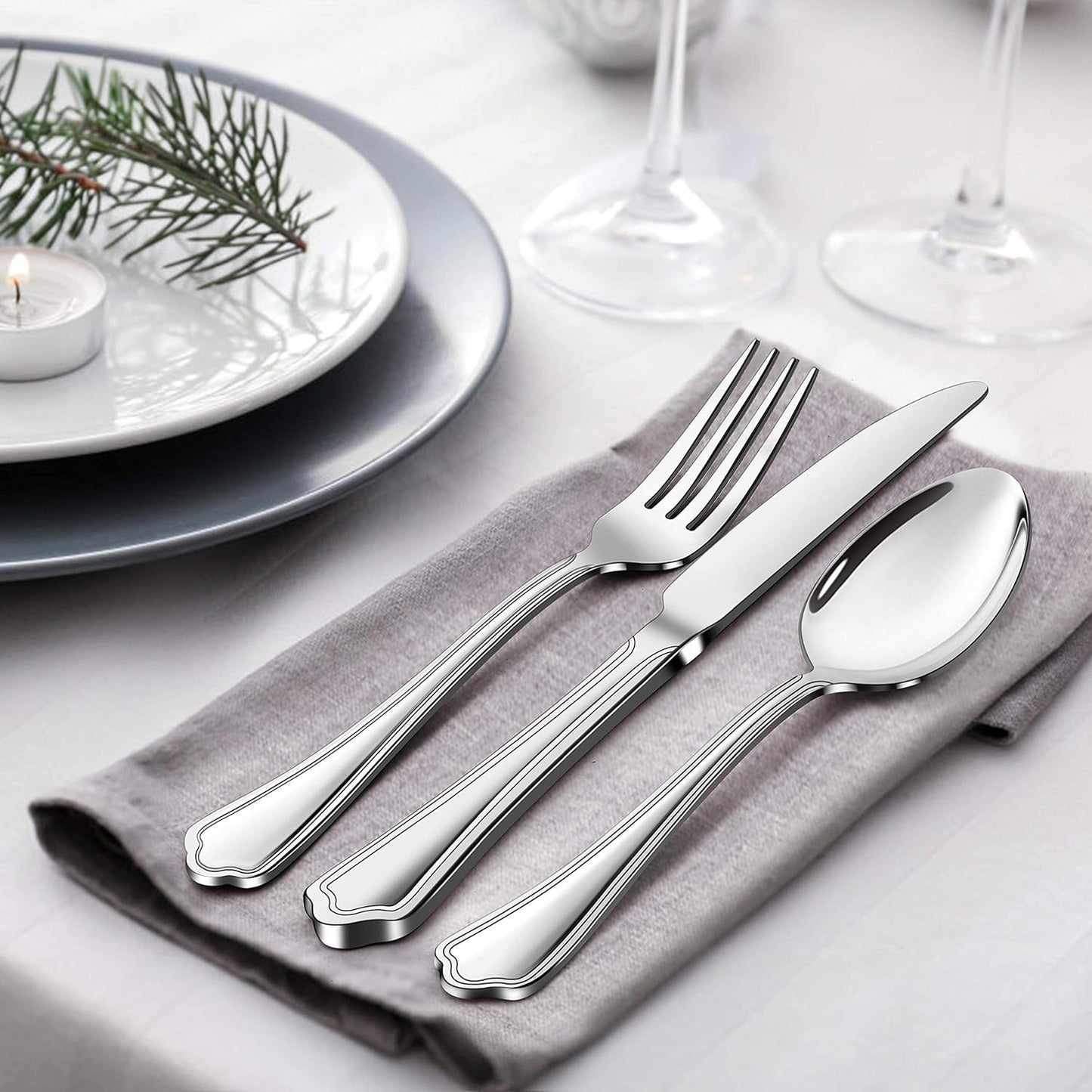 77-Piece Silverware Flatware Set for 12, Plus Steak Knives and Serving Utensils, Stainless Steel Flatware Cutlery Set, Eating Utensils Tableware with Scalloped Edge, Dishwasher Safe
