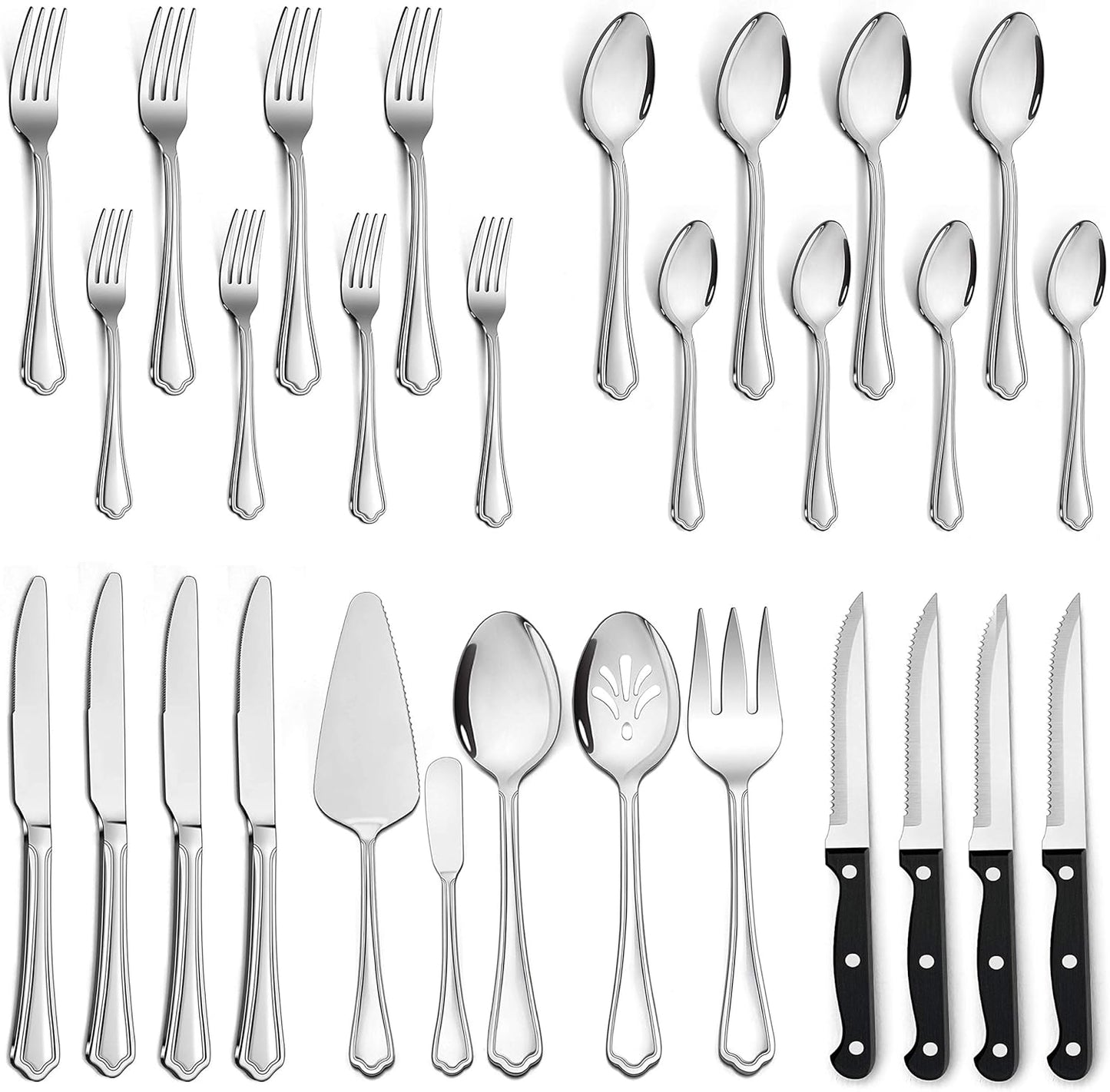 77-Piece Silverware Flatware Set for 12, Plus Steak Knives and Serving Utensils, Stainless Steel Flatware Cutlery Set, Eating Utensils Tableware with Scalloped Edge, Dishwasher Safe