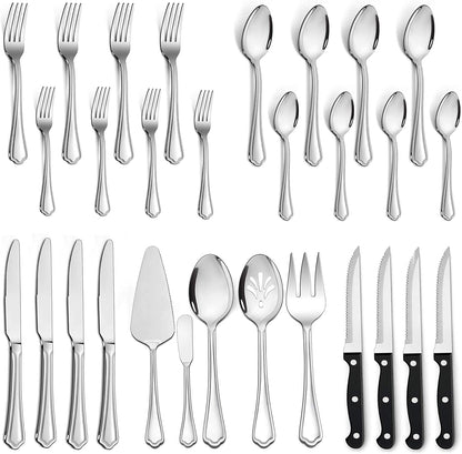 77-Piece Silverware Flatware Set for 12, Plus Steak Knives and Serving Utensils, Stainless Steel Flatware Cutlery Set, Eating Utensils Tableware with Scalloped Edge, Dishwasher Safe