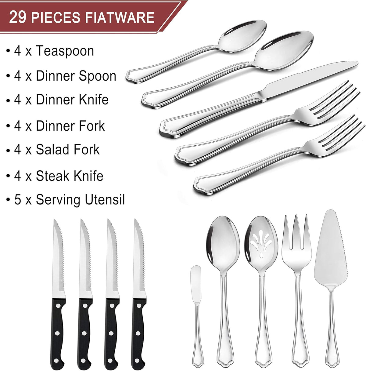 77-Piece Silverware Flatware Set for 12, Plus Steak Knives and Serving Utensils, Stainless Steel Flatware Cutlery Set, Eating Utensils Tableware with Scalloped Edge, Dishwasher Safe