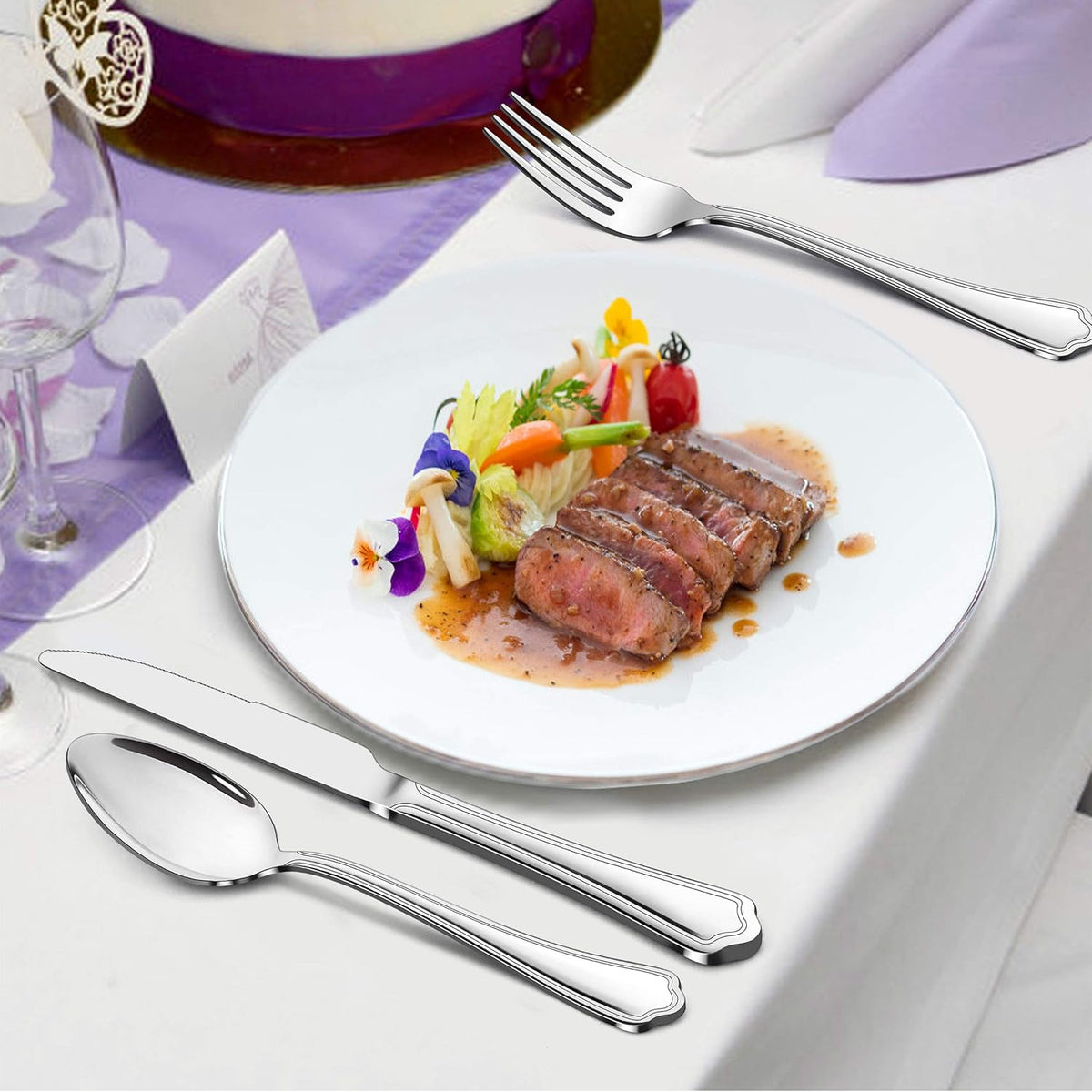77-Piece Silverware Flatware Set for 12, Plus Steak Knives and Serving Utensils, Stainless Steel Flatware Cutlery Set, Eating Utensils Tableware with Scalloped Edge, Dishwasher Safe