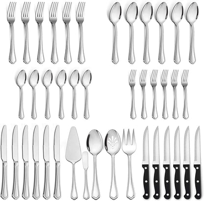 77-Piece Silverware Flatware Set for 12, Plus Steak Knives and Serving Utensils, Stainless Steel Flatware Cutlery Set, Eating Utensils Tableware with Scalloped Edge, Dishwasher Safe
