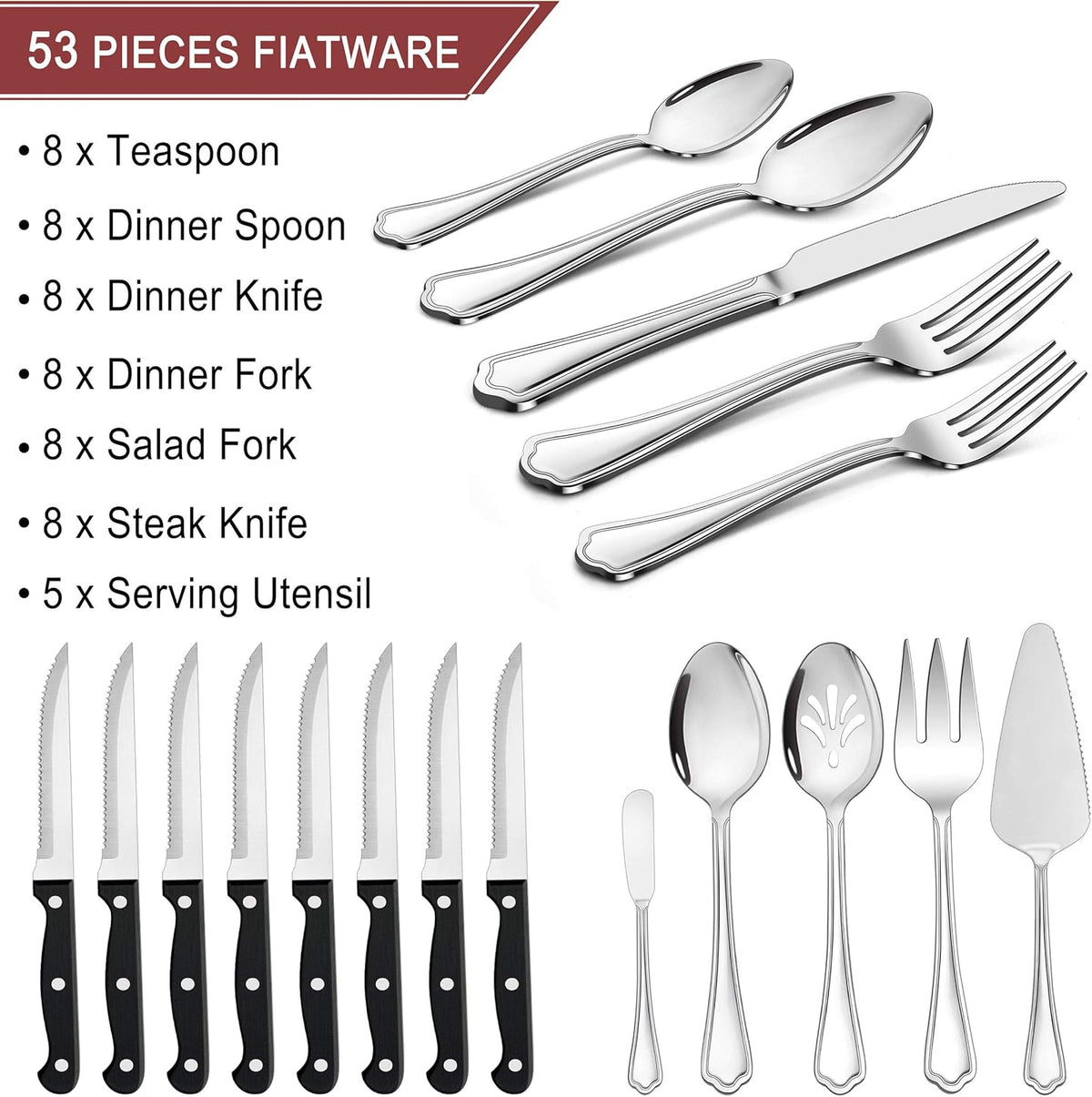 77-Piece Silverware Flatware Set for 12, Plus Steak Knives and Serving Utensils, Stainless Steel Flatware Cutlery Set, Eating Utensils Tableware with Scalloped Edge, Dishwasher Safe