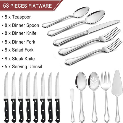 77-Piece Silverware Flatware Set for 12, Plus Steak Knives and Serving Utensils, Stainless Steel Flatware Cutlery Set, Eating Utensils Tableware with Scalloped Edge, Dishwasher Safe