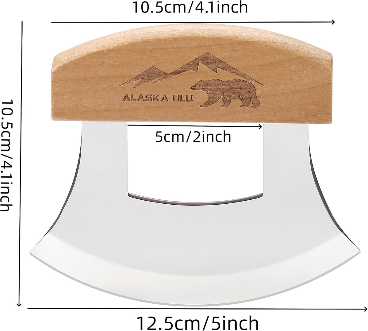5inch Alaskan Mezzaluna Ulu Knife, Salad Veggies Rocker Chopper Slicer Cutter Hashing Chopping Mincing Cleaver with Wooden Stand Arthritic Tool