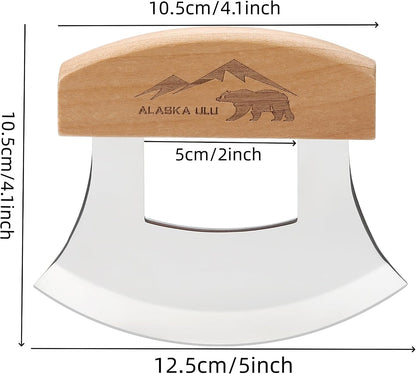 5inch Alaskan Mezzaluna Ulu Knife, Salad Veggies Rocker Chopper Slicer Cutter Hashing Chopping Mincing Cleaver with Wooden Stand Arthritic Tool