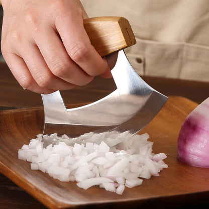 5inch Alaskan Mezzaluna Ulu Knife, Salad Veggies Rocker Chopper Slicer Cutter Hashing Chopping Mincing Cleaver with Wooden Stand Arthritic Tool