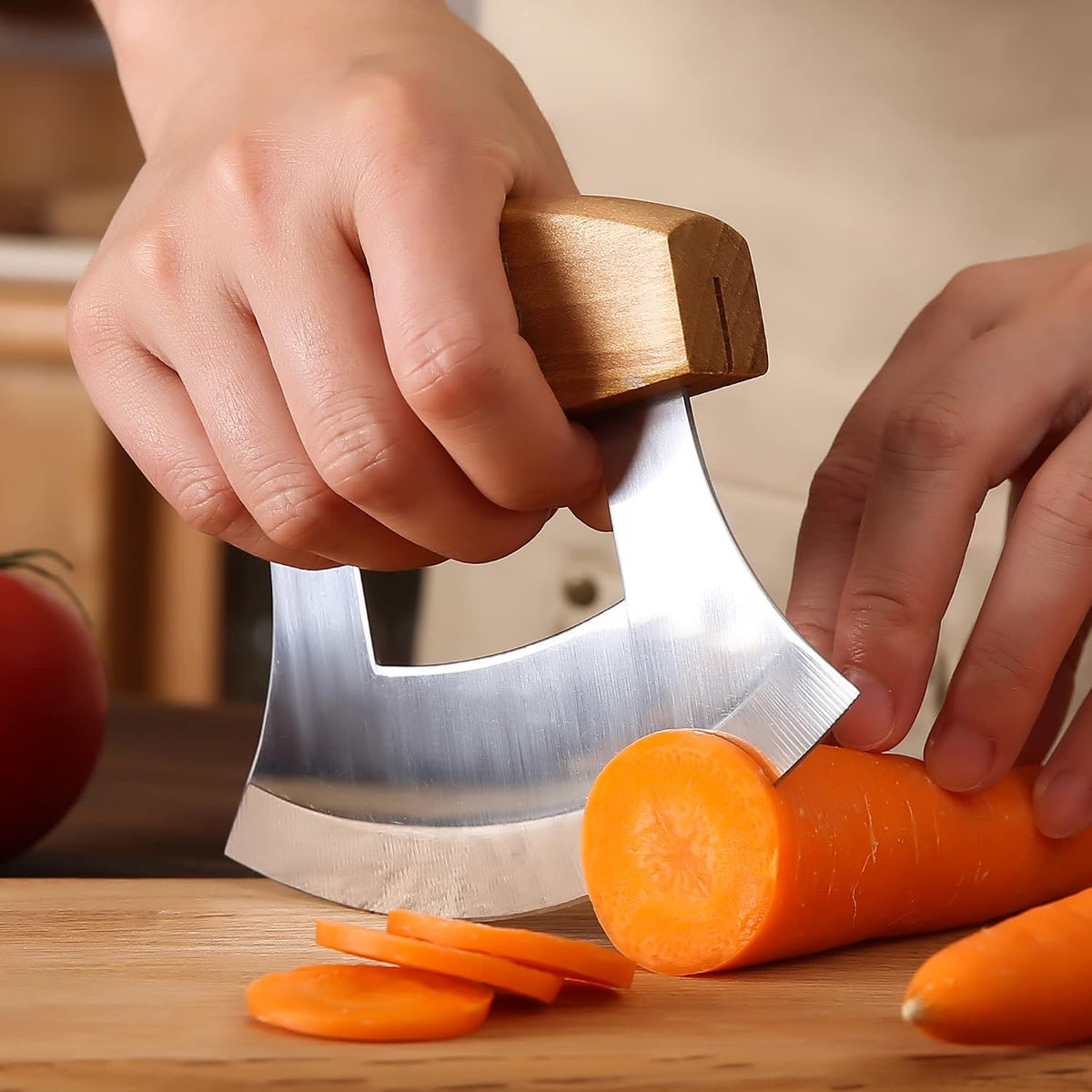 5inch Alaskan Mezzaluna Ulu Knife, Salad Veggies Rocker Chopper Slicer Cutter Hashing Chopping Mincing Cleaver with Wooden Stand Arthritic Tool